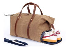 Large Waxed Canvas and Leather Duffel Bag - Tan/Whiskey Brown