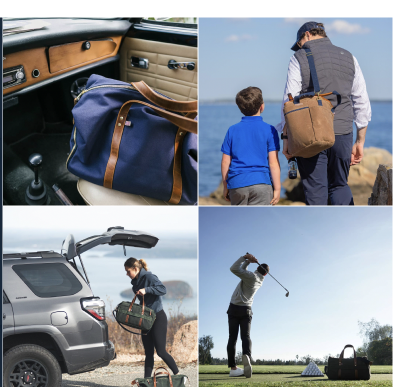 Hudson Sutler lifestyle story collage: classic sports car, father & son, road trip SUV, and golf adventure